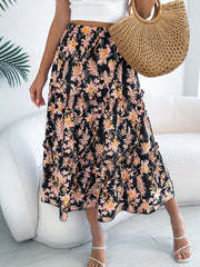 Floral Print Ruffle Hem Flowy Midi Skirt