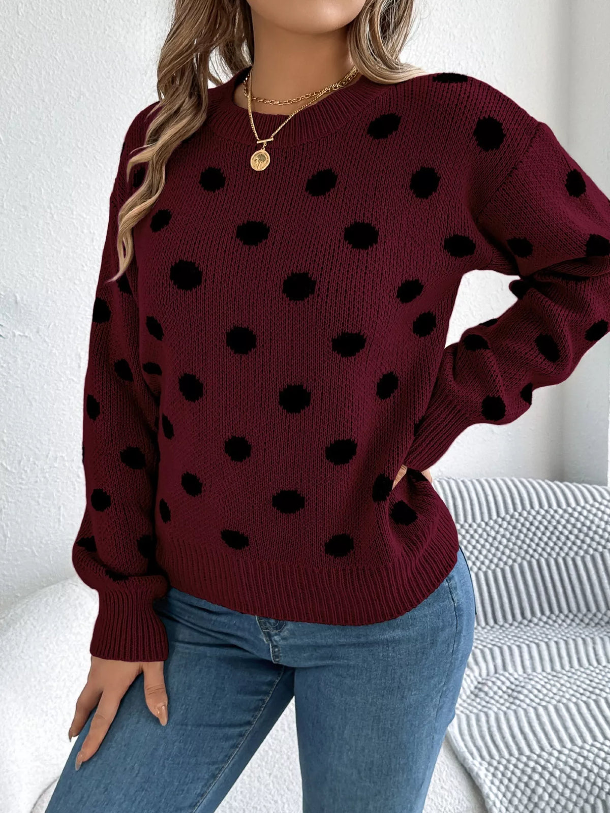 Polka dot knit round neck sweater