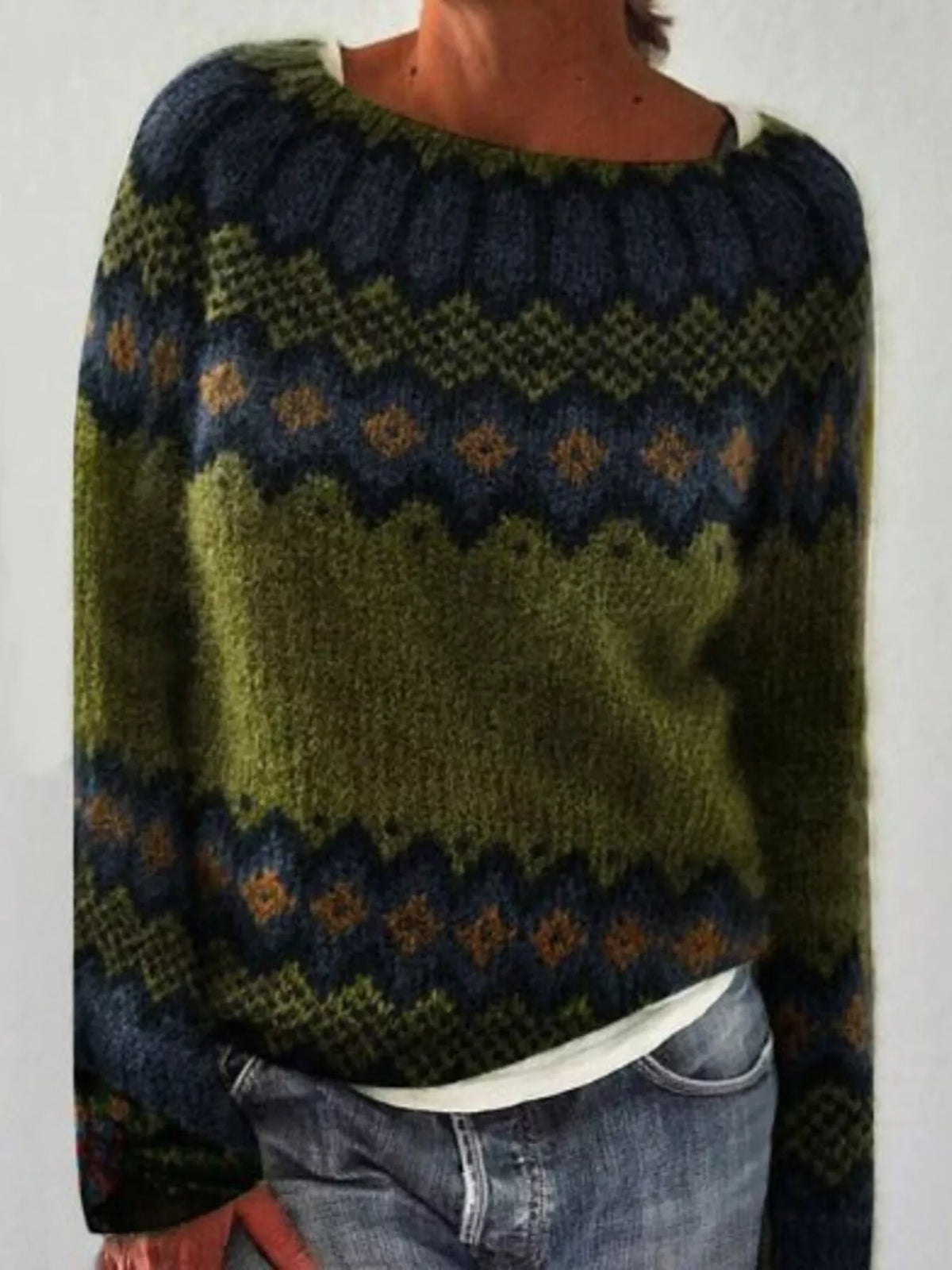 Full Size Retro Pattern Round Neck Knit Sweater Plus Size