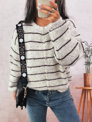 Striped knit button-front long sleeve cardigan