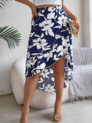 Floral Print Ruffle Hem Asymmetrical Skirt