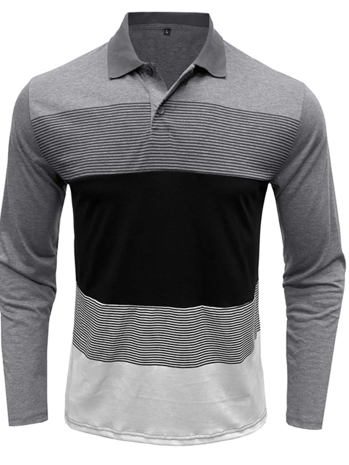 Men's Color Block Striped Long Sleeve Polo Shirt