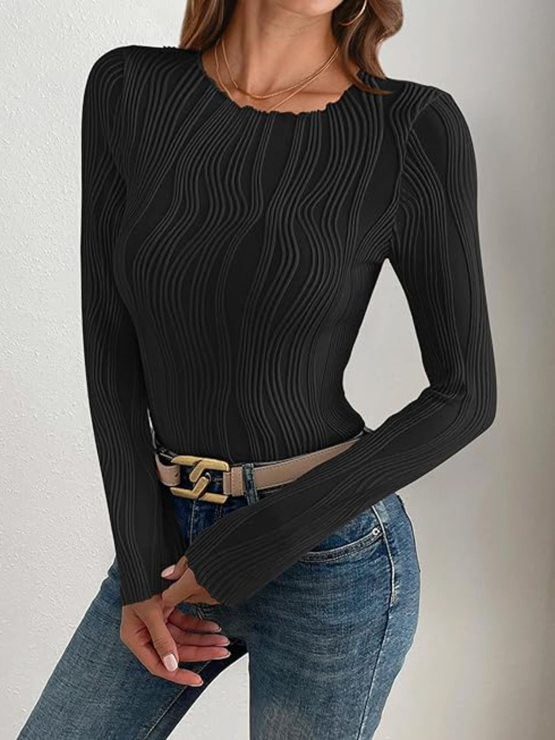 Textured  Round Neck Long Sleeve Shirt
