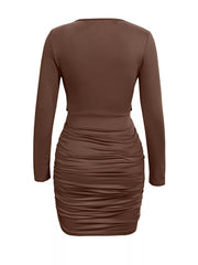 Draped V-Neck Long Sleeve Bodycon Mini Dress