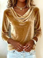 Velvet Draped Neck Long Sleeve Top