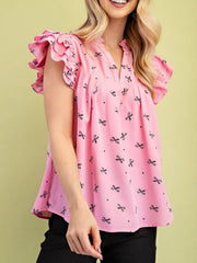 Notched Ruffled Cap Sleeve Blouse