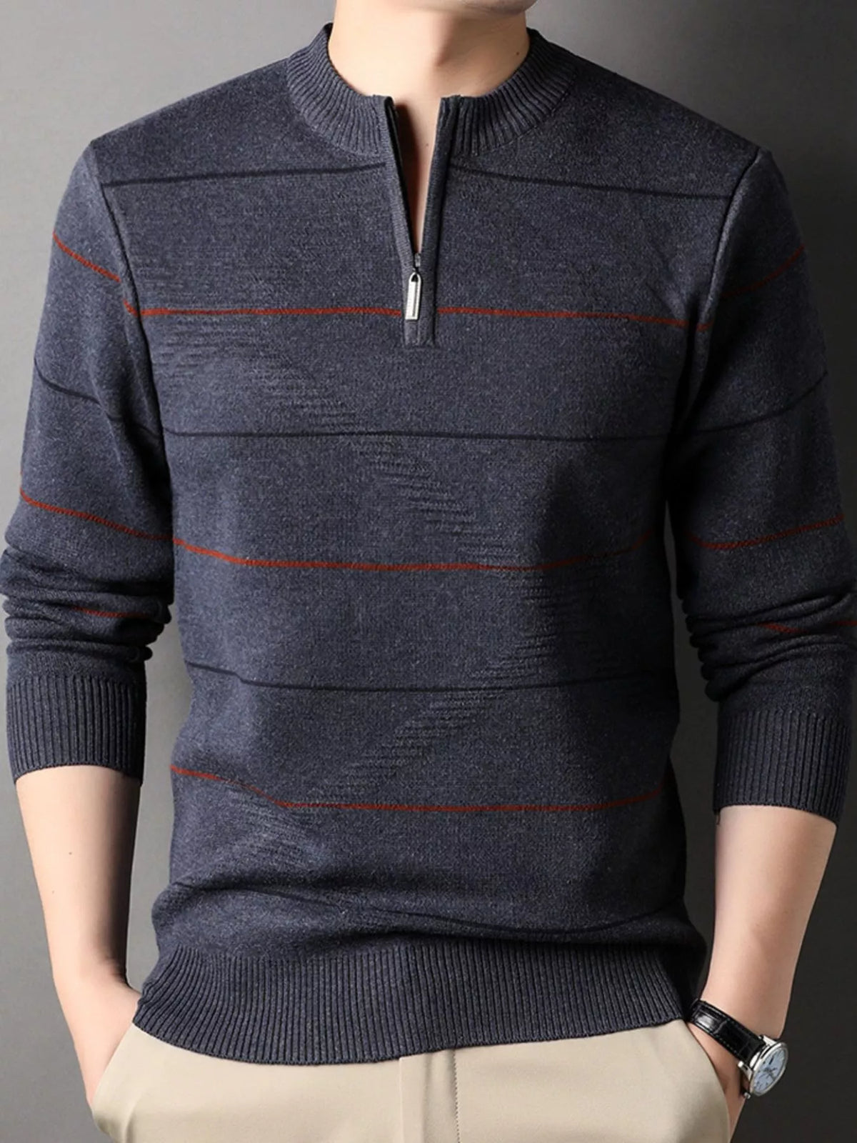 Men's Plus Size Striped Quarter Zip Knit Pullover