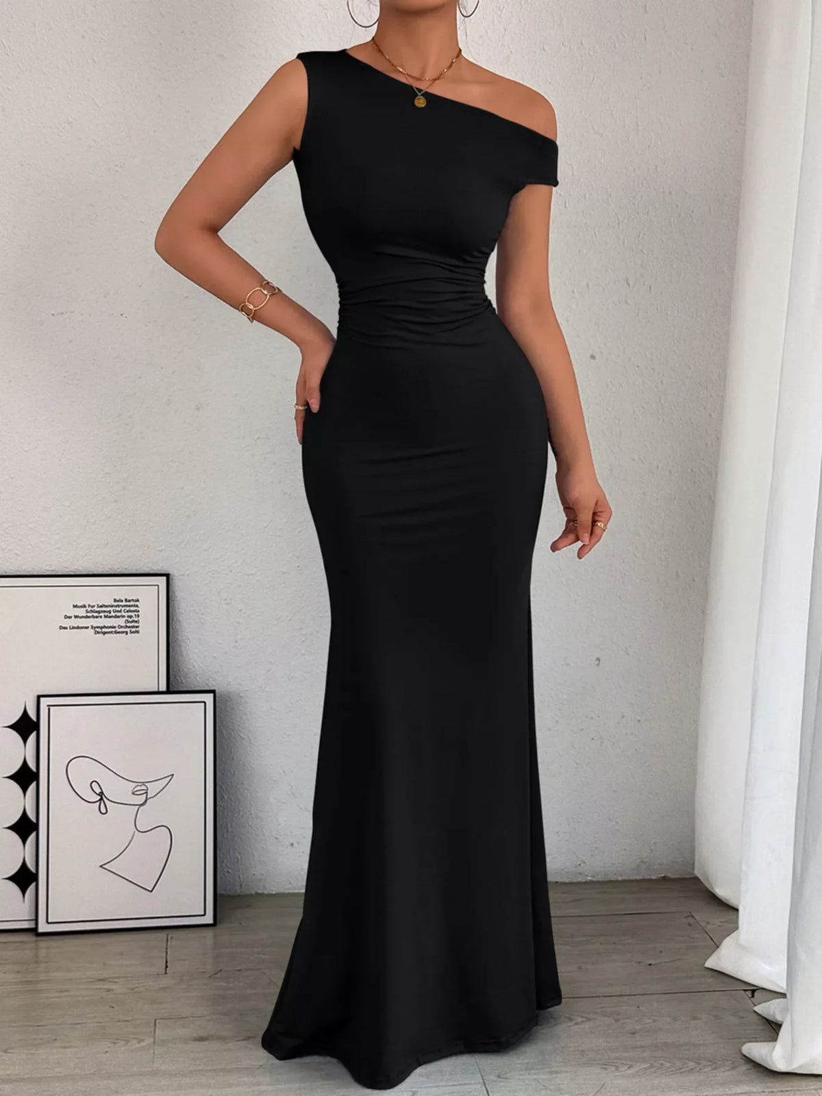 Classy One-Shoulder Ruched Bodycon Maxi Dress