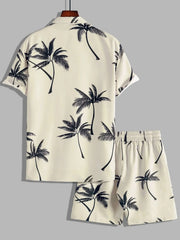 Men's Full Size Palm Print Button Up Shirt and Shorts Set Plus Size