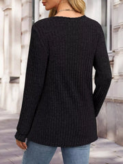 Ribbed Knit Button-Front Long Sleeve T-Shirt