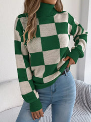 Checkered Turtleneck Long Sleeve Sweater