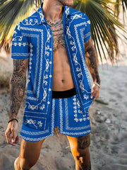 Men's Printed Short Sleeve Button Top & Shorts Set â€?Big Sizes