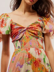 Printed Sweetheart Neck Puff Sleeve Maxi Dress