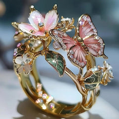 Flower Butterfly Ring With Rhinestones And Oil Dropping Design Fashion Personalized Jewelry For Women