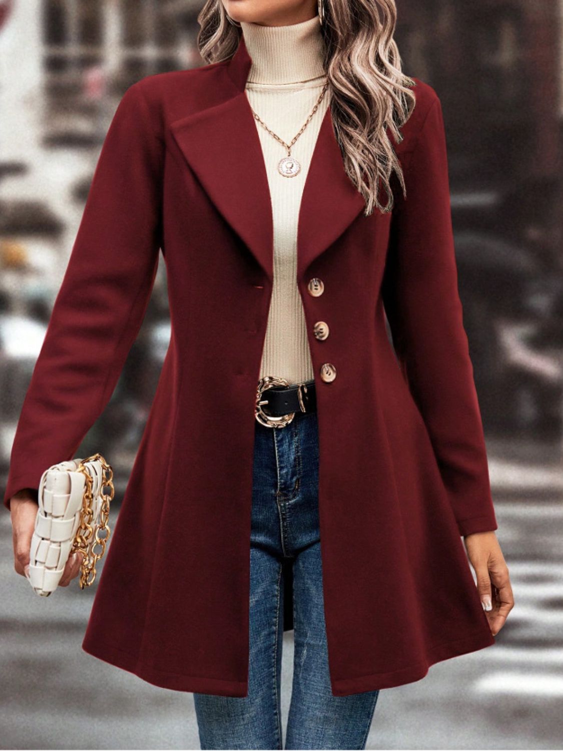 Button-Up Long Sleeve Coat with Collared Neck