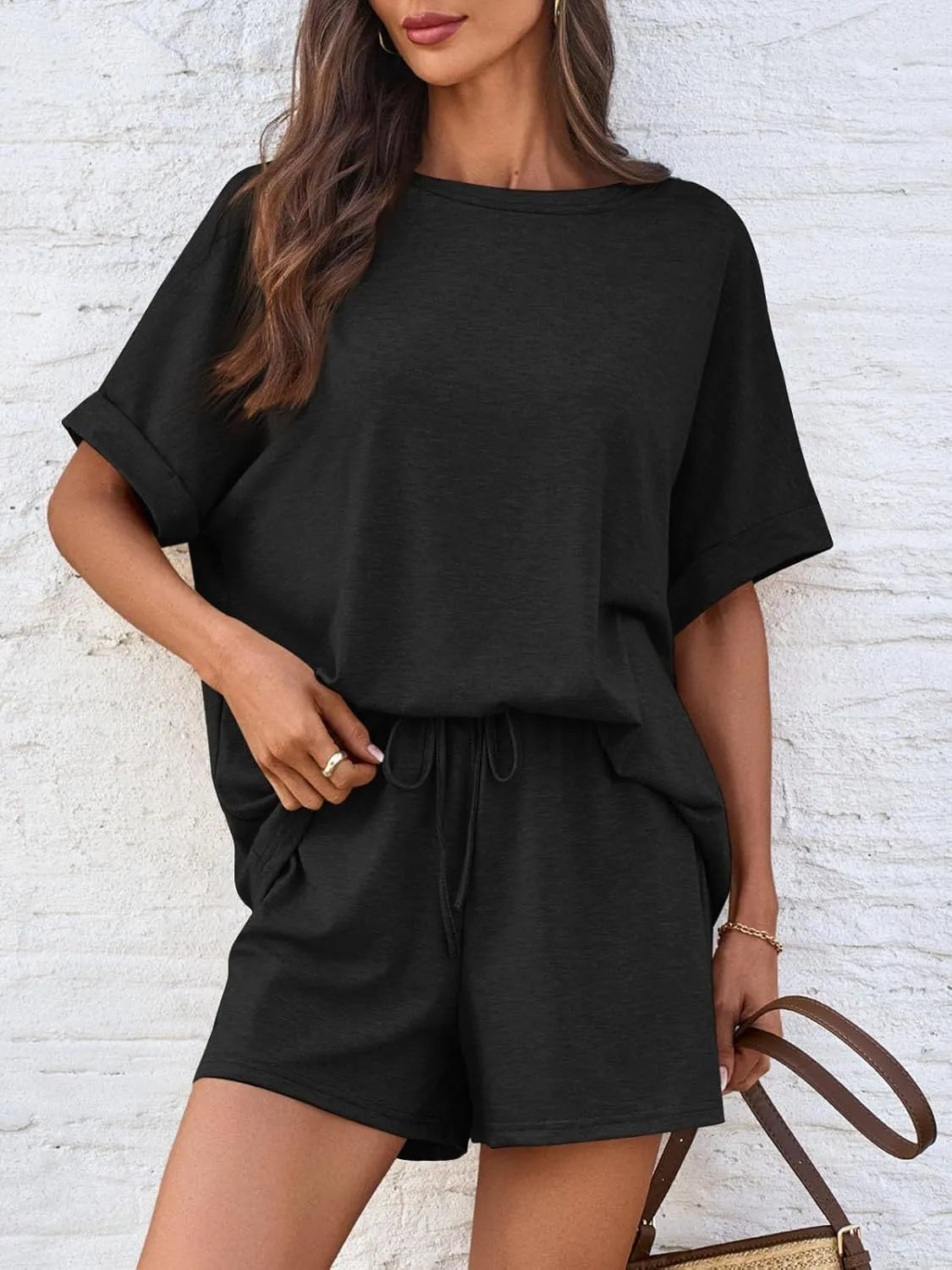 Effortless Cap Sleeve Two-Piece Set with Round Neck Top and Shorts