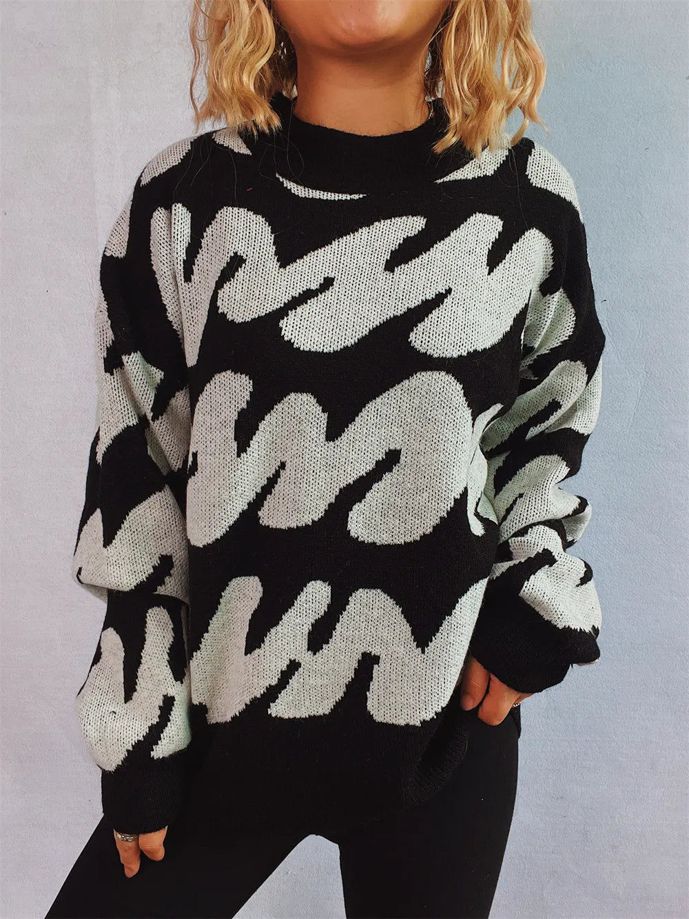 Contrast Trim Round Neck Long Sleeve Knit Sweater
