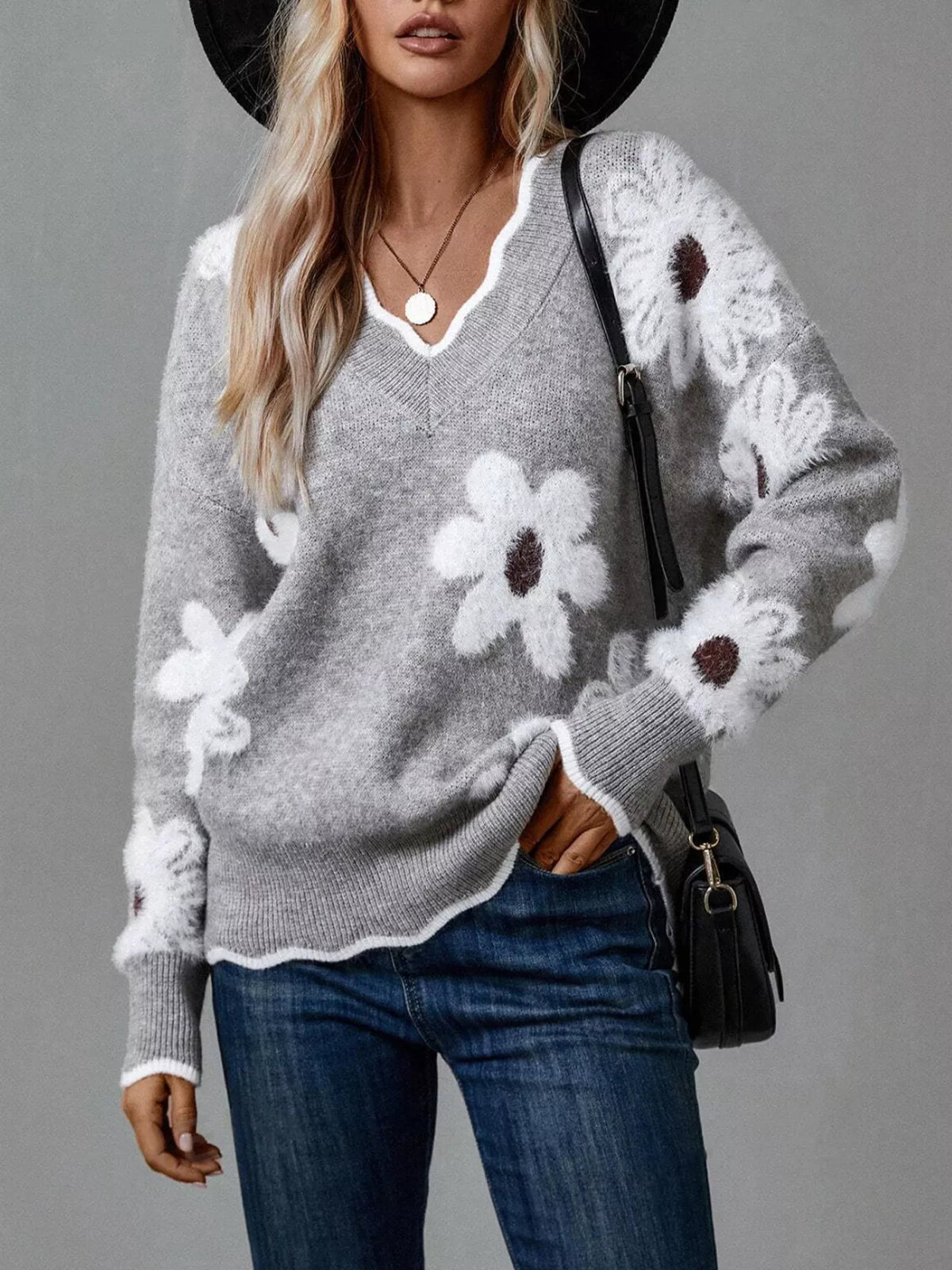 Floral V-Neck Knit Long Sleeve Sweater