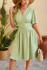 Short Sleeve Ruched Wrap Style Dress