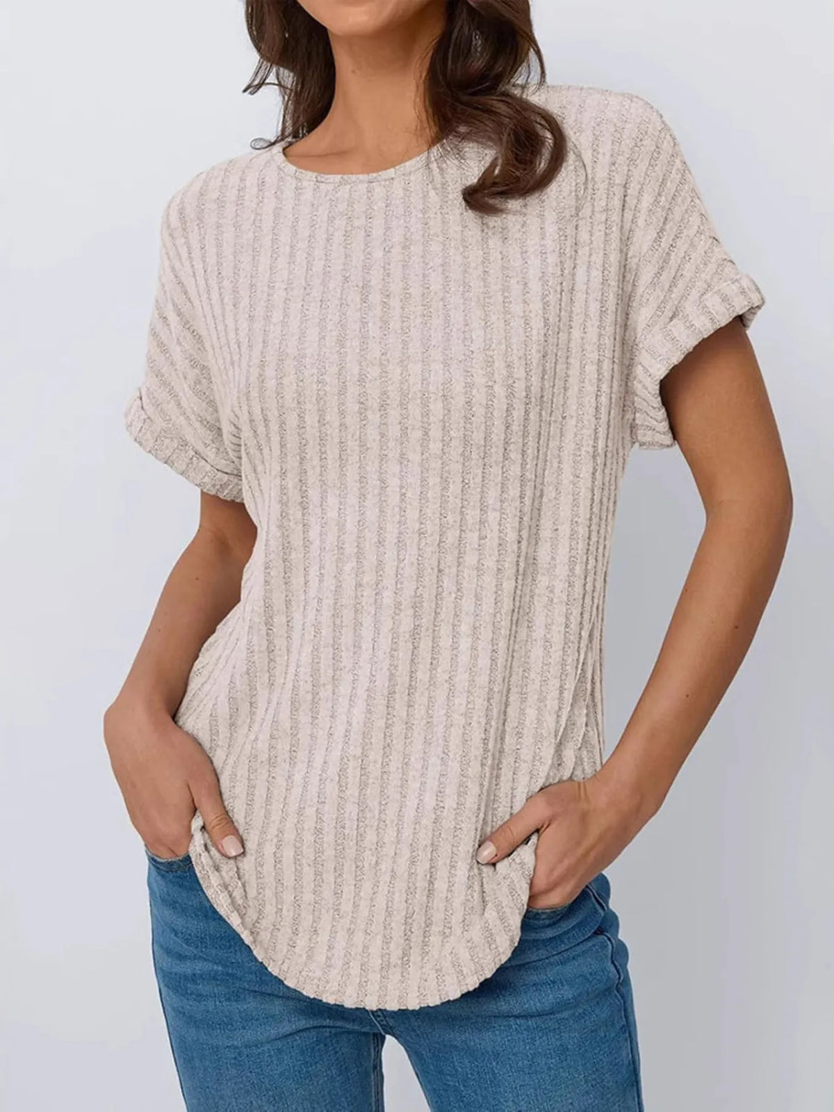 Casual Ribbed Knit Short Sleeve T-Shirt
