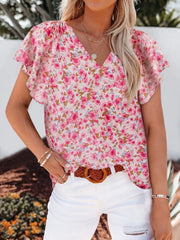 Full Size Flutter Sleeve Floral V-Neck Blouse Plus Size