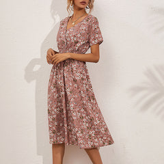 Women's V-Neck Floral Print Dress - A-Line Waisted Summer Maxi Dress - Free USA Shipping