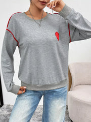 Heart Embroidered Round Neck Sweatshirt