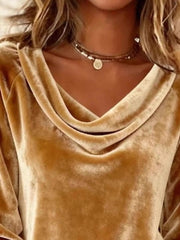 Velvet Draped Neck Long Sleeve Top