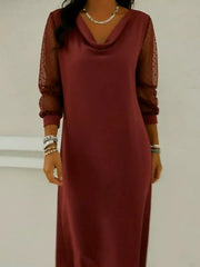 Full Size Cowl Neck Polka Dot Mesh Sleeve Dress Plus Size