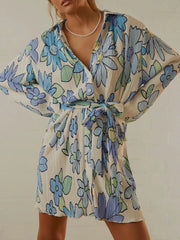 Tie-Waist Buttoned Long Sleeve Midi Dress