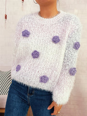 Flower Embellished Round Neck Sweater