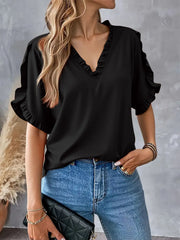 Ruffled V-Neck Short Sleeve Blouse