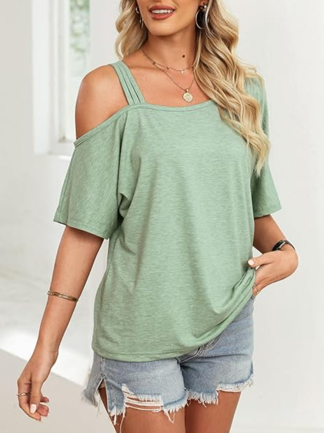 Asymmetric Neckline Half Sleeve Tee