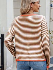 Women's Contrast Stripe Crew Neck Long Sleeve Knit Sweater