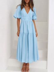 V-Neck Puff Sleeve Midi Dress