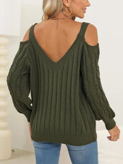 Textured Cable-Knit V-Neck Knit Sweater