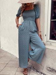 Square Neck Puff Sleeve Printed Jumpsuit