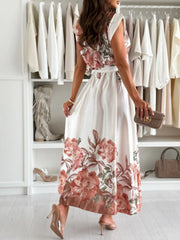Tie Waist Floral Cap Sleeve Dress