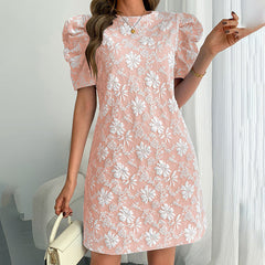Women's Puff Sleeve A-Line Mini Dress Crew Neck Floral Casual Summer Dress-FREE USA SHIPPING