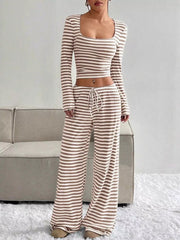 Striped Long Sleeve Crop Top & Wide Leg Pants Set