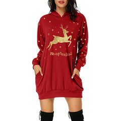 Christmas printed mid length pocket hooded long sleeved sweater