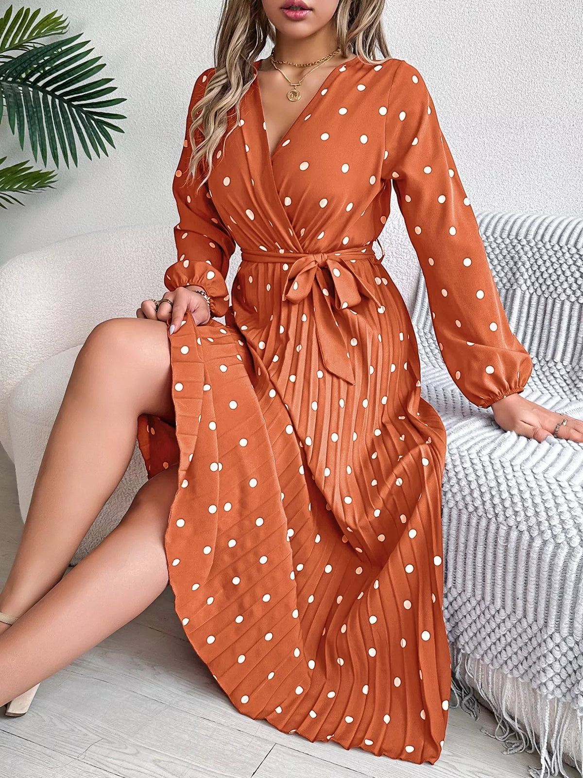Front Tie Polka Dot Midi Pleated Dress