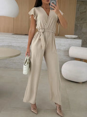 Surplice Wide Leg Belted Jumpsuit