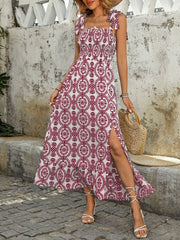 Smocked Slit Printed Tie Shoulder Dress