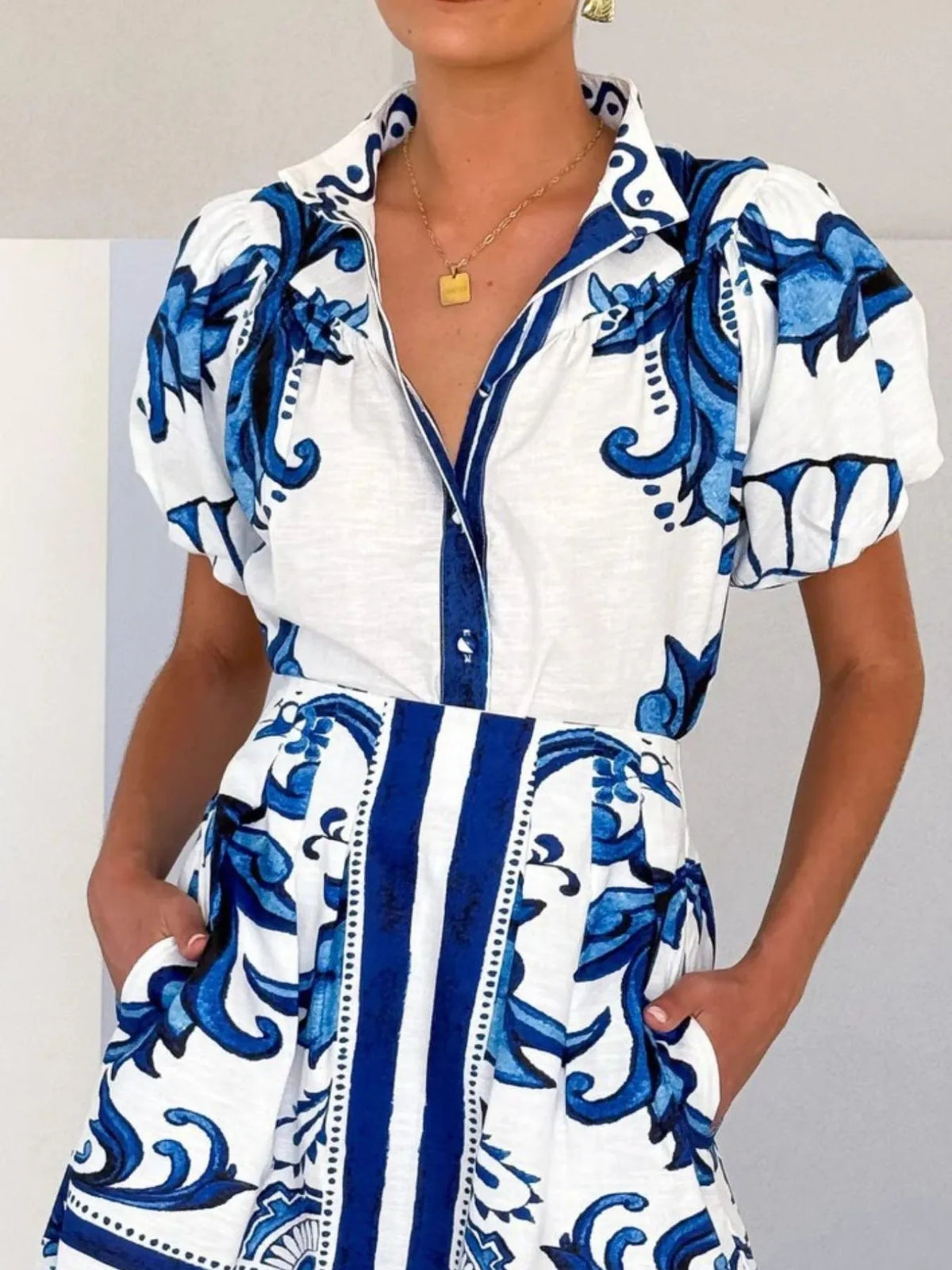 Puff Sleeve Printed Top and Zip Back Skirt Set