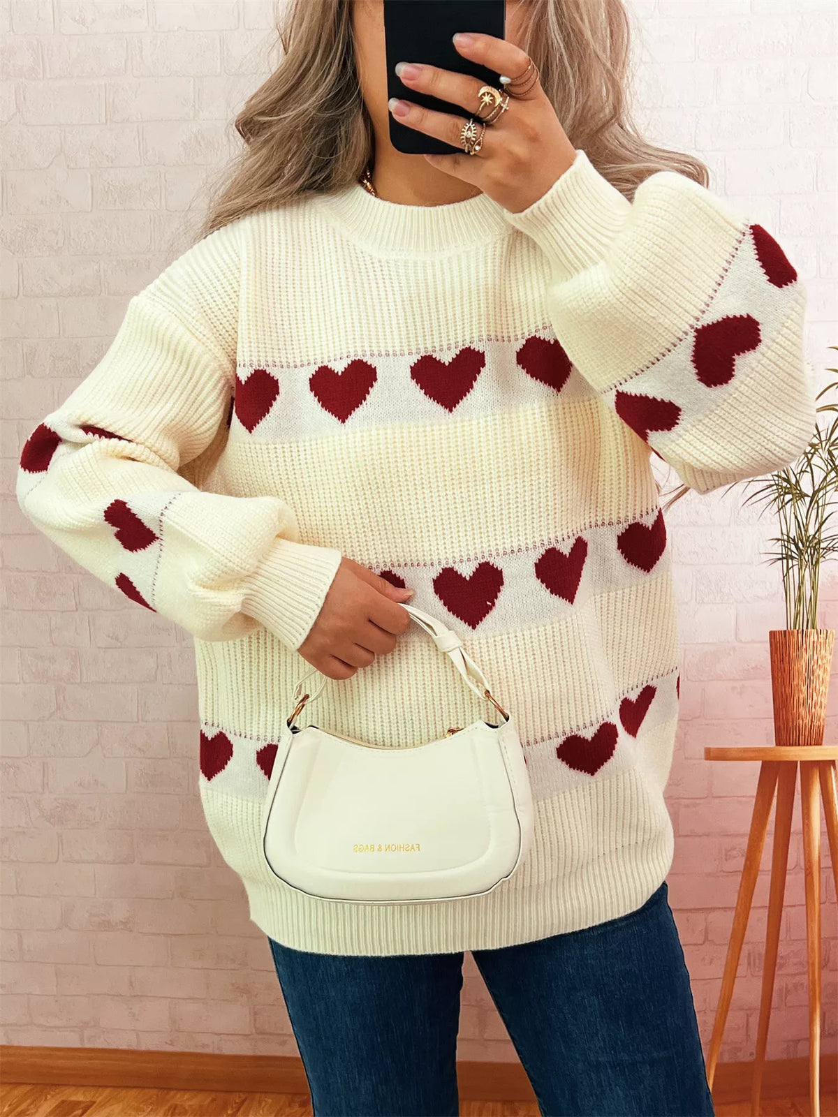 Heart Print Drop Shoulder Knit Sweater