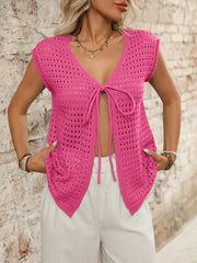 Tied Front Openwork V-Neck Knit Top
