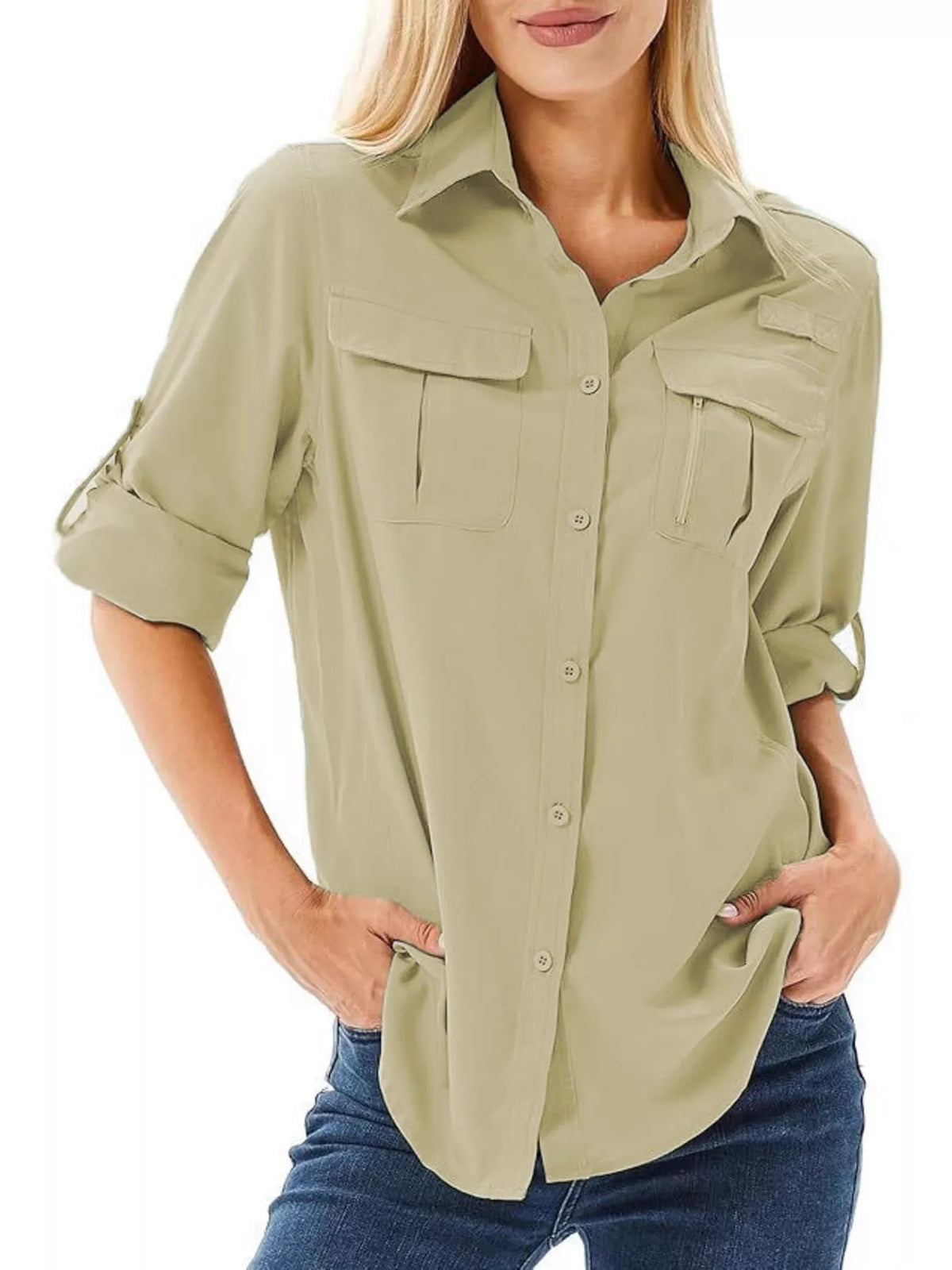 Full Size Roll-Up Sleeve Button Up Shirt Plus Size