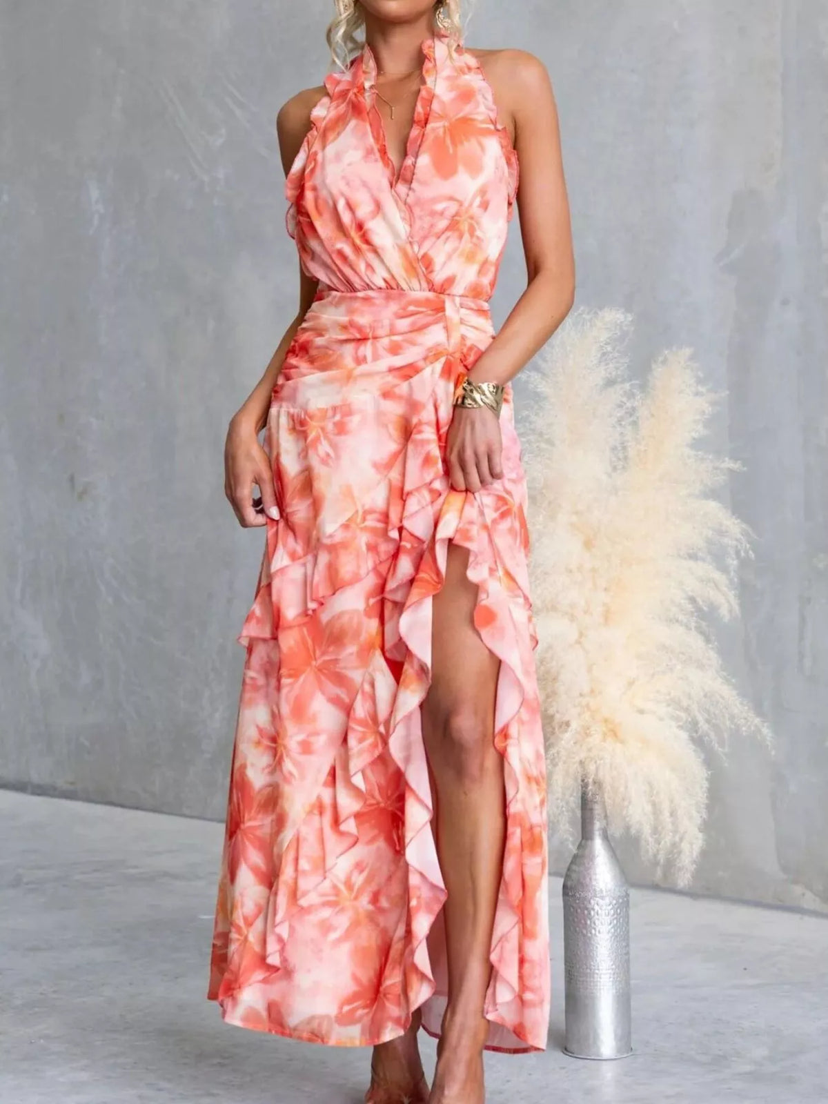 Floral Print Ruffle Halter Neck Maxi Dress