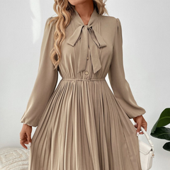 Perfee Pleated Tie Neck Long Sleeve Dress